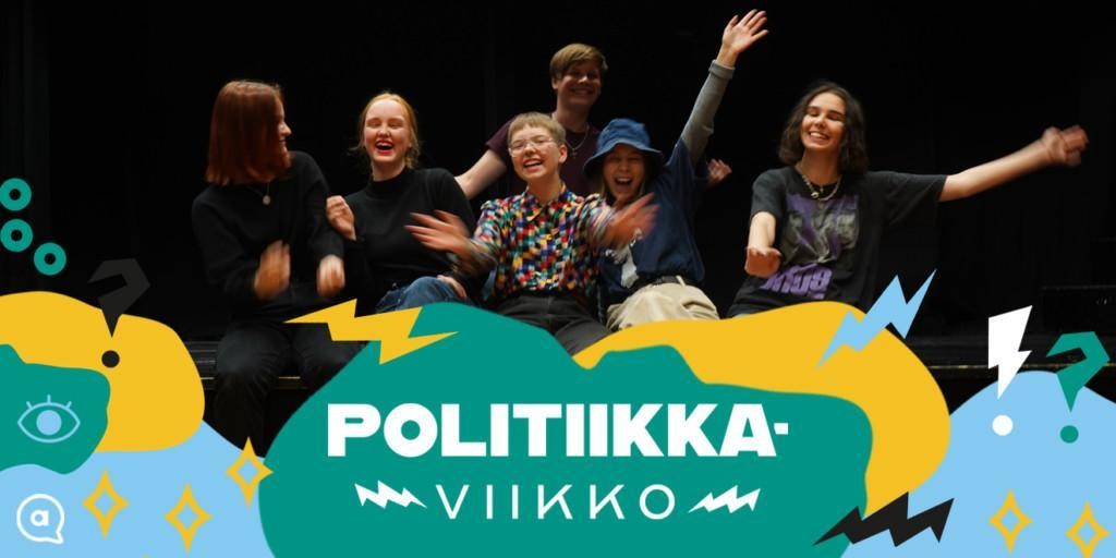 Politiikkaviikko-logobanneri, jossa taustalla kuva iloisesta nuorten porukasta