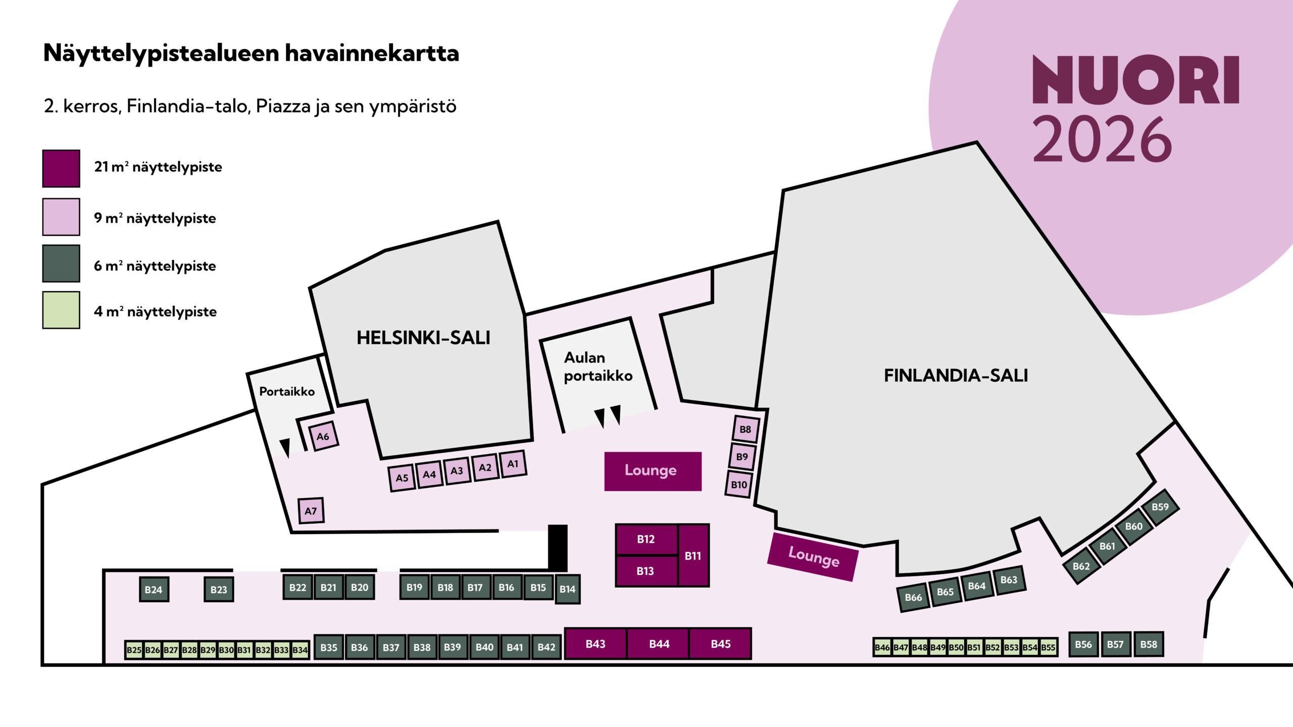 NUORI 2026 -tapahtuman näyttelypisteiden sijaintikartta.