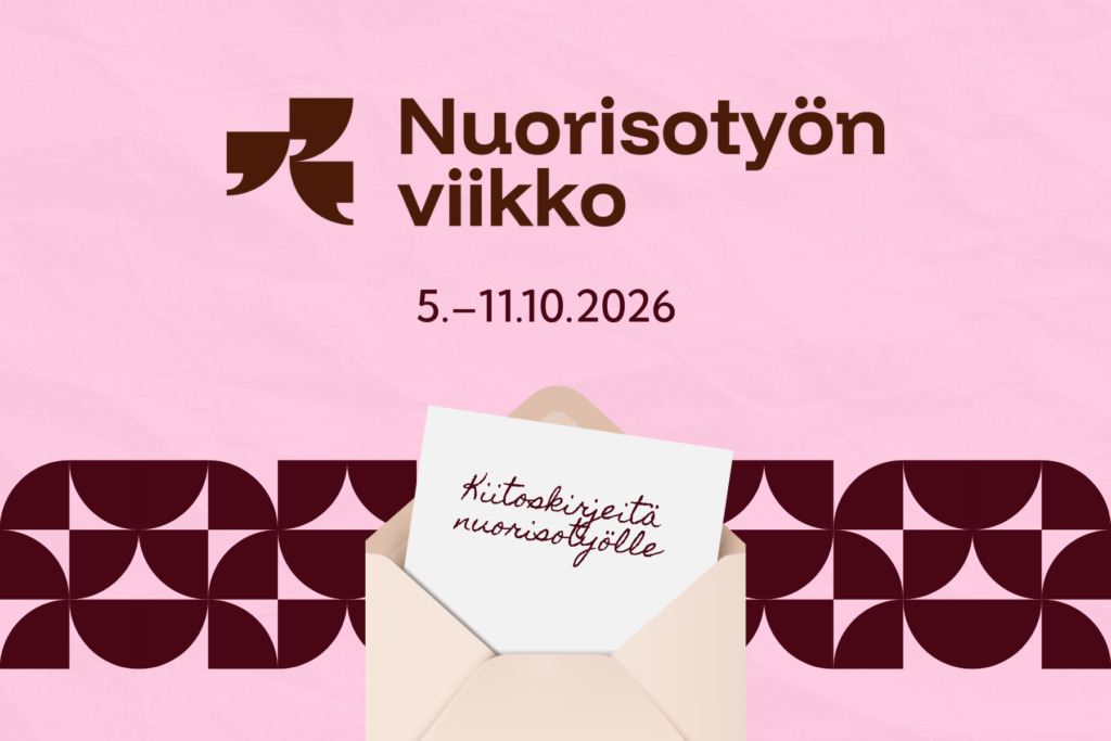 Nuorisotyön viikkoa vietetään 5.-11.10.2026. Kuvassa on ruskea kirjekuori, josta on näkyvissä kirje, jossa lukee "Kiitoskirjeitä nuorisotyölle".